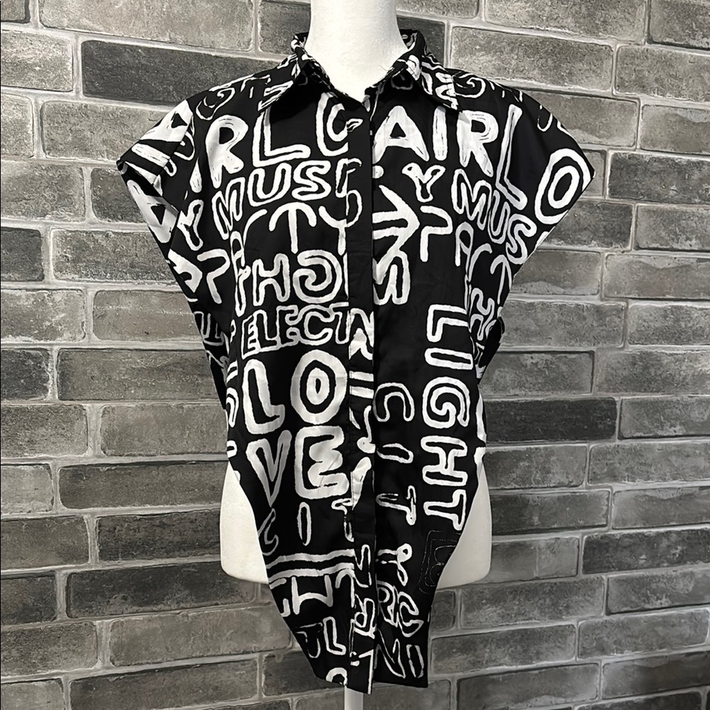 Black and White Graphic Button-Up Shirt